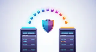 Cubos de datos migrando entre dos servidores bajo un escudo protector, cambio de hosting seguro.