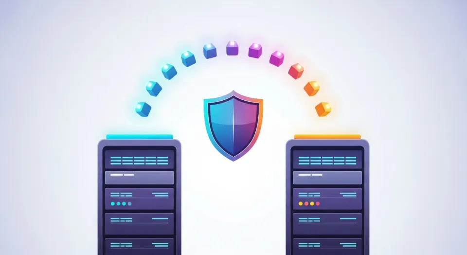 Cubos de datos migrando entre dos servidores bajo un escudo protector, cambio de hosting seguro.