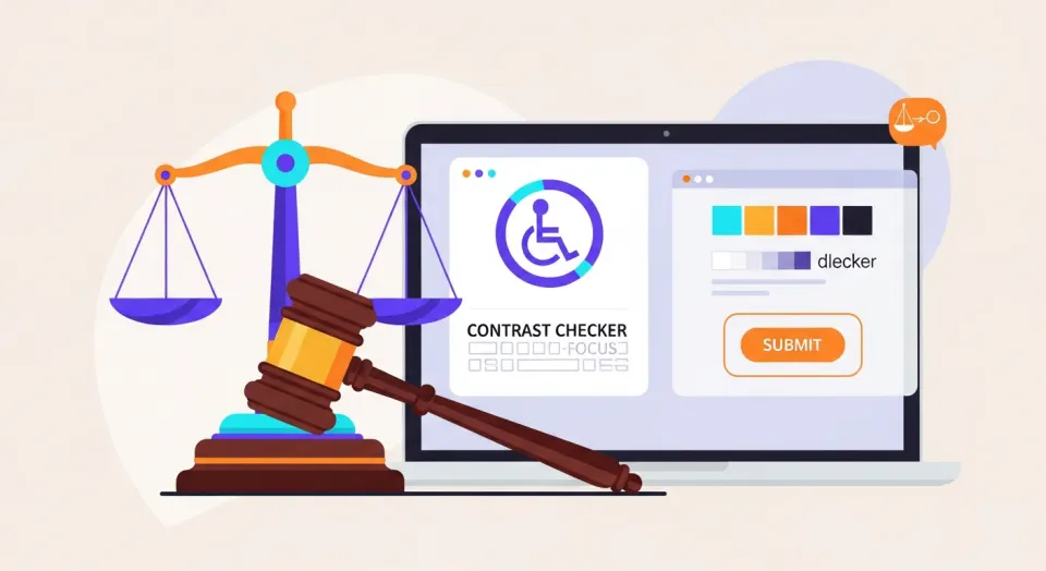 Mazo judicial y balanza junto a una pantalla con el símbolo de accesibilidad universal, ley de accesibilidad web.