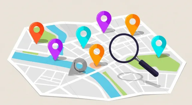Mapa urbano con varios pines de localización y uno apagado y caído, negocio que no aparece en el mapa.
