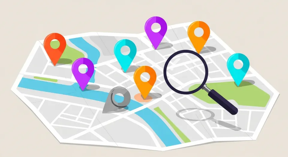 Mapa urbano con varios pines de localización y uno apagado y caído, negocio que no aparece en el mapa.
